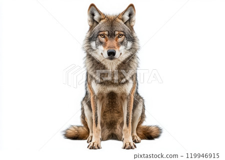 A lone wolf sits centered against a plain background, showcasing its striking features and alert expression. Its fur blends shades of gray and brown, highlighting its captivating eyes. 119946915