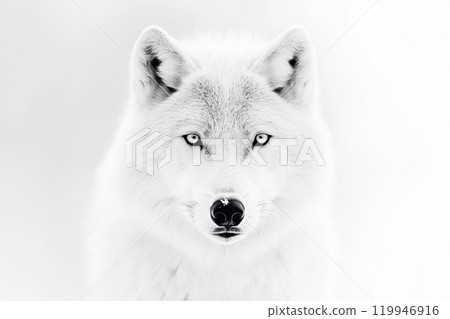A majestic white wolf stands isolated against a soft, snowy background. Its striking blue eyes gaze directly forward, highlighting its beauty and wild spirit in the winter wilderness. 119946916