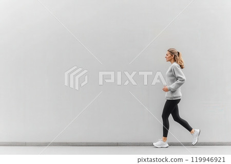 A woman in comfortable attire jogs confidently against a clear white background, showcasing her commitment to fitness. Its a bright day and she appears focused on her workout. 119946921