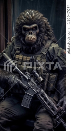 Soldier monkey, Portrait of a monkey dressed in a military tactical uniform and guns. concept of Monkey Soldiers 119947074