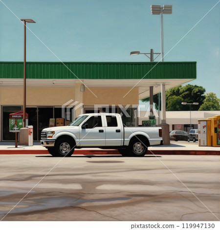 A pickup truck in gas station and convenience store at street corner near Sam Houston Highway. 119947130