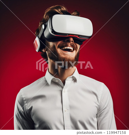 Trendy men in virtual reality in vr headset exploring on multicolored background in neon lights. Concept Multiverse 119947158