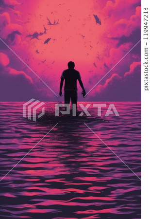 Black silhouette of men. splashing water above head. summer vacation. sea and sunset sky. Concept happiness lifestyle 119947213