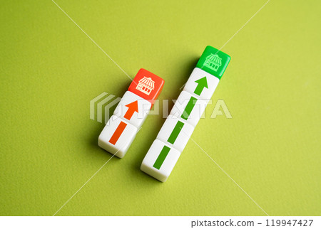 Comparison of success of shops. Comparison of businesses, competitors. 119947427