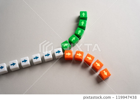 A fork dividing a path into two opposite directions. The concept of a decision point and division. Make right assessment, choose best option for the further path. Intuition. Experience and foresight. 119947438