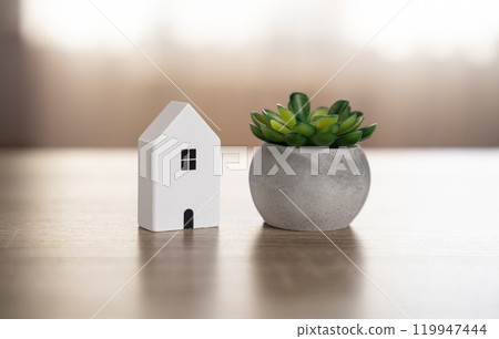 House figurine and decorative flower. Decor and home comfort. 119947444