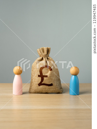 British pound sterling bag between couples in a relationship. Joint budget. Financial relations. Division of property during divorce. 119947485