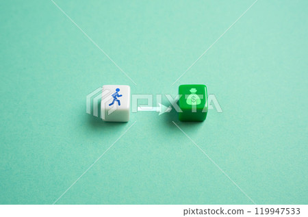 Man runs towards money, concept. In the race for profit. Attracting new employees with high salaries, bonuses and allowances. The desire to earn more money. The desire to get rich. Labor resources. 119947533