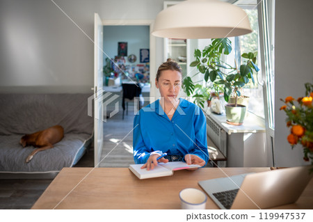 Home office middle aged woman using laptop for online meeting at cozy workplace holding day planner 119947537