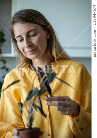Smiling woman plant lover looks at Alocasia Bambino plant, grown with care at home. Hobby concept 119947674