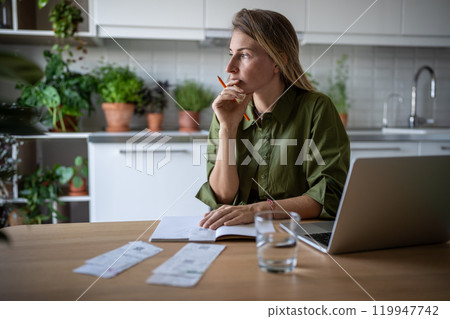 Female accountant freelancer working at home analysing company budget, counting income and expenses 119947742