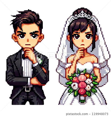 Cute pixel bride and groom illustration for wedding 119948073