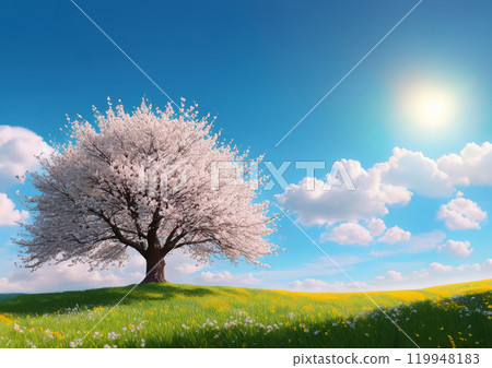 A single cherry tree on a hill 119948183