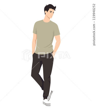 Vector illustration. Man in khaki T-shirt and black trousers, hands in pockets. Trendy image, emphasizing confidence and style. Suitable for everyday wardrobe, giving the image lightness. Vector illustration. Man in khaki T-shirt and black trousers, hands in pockets. Trendy image, emphasizing confidence and style. Suitable for everyday wardrobe, giving the image lightness. 119948252