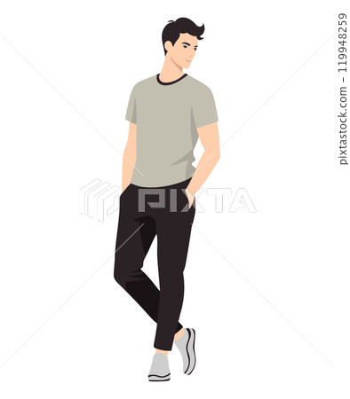 Vector illustration. A man in a beige T-shirt and black trousers. A discreet, laconic image that is suitable for everyday wear. A comfortable and stylish option for a minimalist wardrobe. 119948259