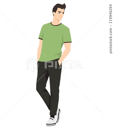 Vector illustration. A man in a green T-shirt and dark trousers stands with his legs crossed, giving his image confidence and ease. The image is simple but stylish, suitable for a casual setting. 119948264