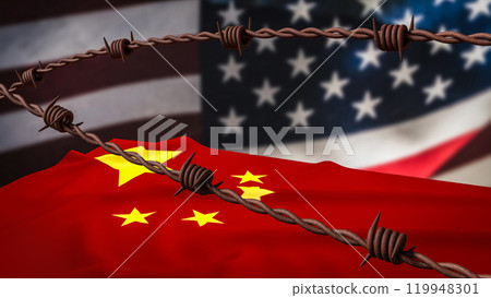 The rusty barbed wire and usa and china flag Background for Business concept 3d rendering. The rusty barbed wire and usa and china flag Background for Business concept 3d rendering. 119948301