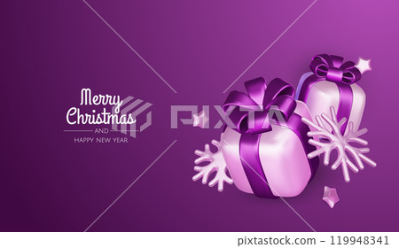 Happy New Year and Merry Christmas 2025. Christmas tree, Gift boxes, Christmas balls. Greeting card. Vector 3d rendering. Happy New Year and Merry Christmas 2025. Christmas tree, Gift boxes, Christmas balls. Greeting card. Vector 3d rendering. 119948341