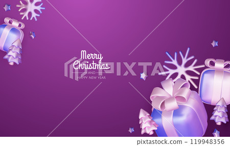 Merry Christmas and happy new year background. Christmas tree, Gift boxes, Christmas balls. Christmas element for web, banners, greeting card, template design. 119948356