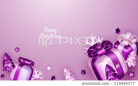 Merry Christmas and happy new year background. Christmas tree, Gift boxes, Christmas balls. Christmas element for web, banners, greeting card, template design. 119948377