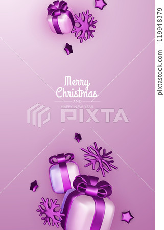 Merry Christmas and happy new year background. Christmas tree, Gift boxes, Christmas balls. Christmas element for web, banners, greeting card, template design. 119948379