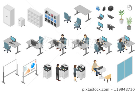 Isometric illustrations: office materials Isometric illustrations: office materials 119948730