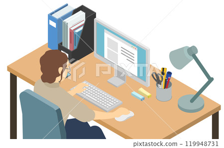 Isometric illustration: Woman working on a computer 119948731