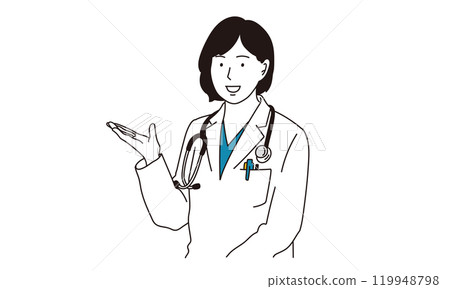 A simple illustration of a woman in a white coat giving directions A simple illustration of a woman in a white coat giving directions 119948798