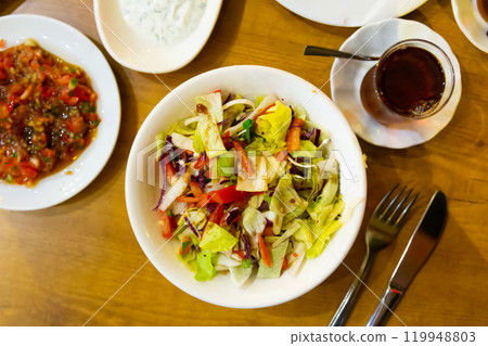 Turkish appetizer made of vegetables served on table Turkish appetizer made of vegetables served on table 119948803