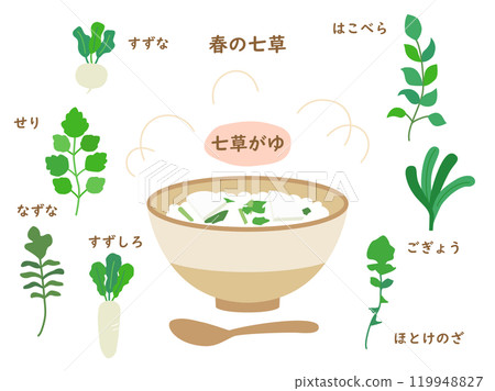 Set of illustrations of the seven herbs of spring and nanakusa-gayu (rice porridge with seven herbs) 119948827