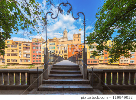 Girona Cathedral Tower and Colorful Buildings in Girona, Spain 119949032