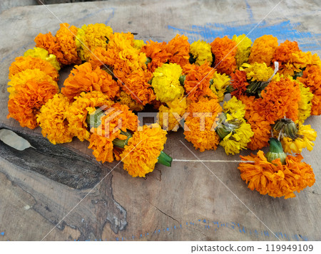 Flower garlands made of Marigold flowers 119949109