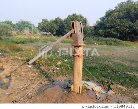 Constructed Indian Hand Pump Borewell in a Rural school in India. Water pump machine from a government school Borehole Water Point 119949133