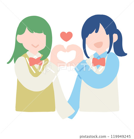 A flat illustration of a friendly pair of women in school uniforms making a heart with their hands 119949245