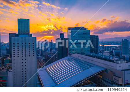 Evening view of JR Osaka Station and skyscrapers 119949254