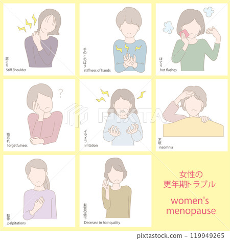 Menopausal problems in women: stiff shoulders, stiff hands, hot flashes, forgetfulness, irritability, insomnia, palpitations, deterioration of hair quality Menopausal problems in women: stiff shoulders, stiff hands, hot flashes, forgetfulness, irritability, insomnia, palpitations, deterioration of hair quality 119949265