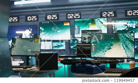 Advanced technology in army command center housing operational missile defense system. Armed forces headquarters used for tracking enemy rockets using radar systems during war Advanced technology in army command center housing operational missile defense system. Armed forces headquarters used for tracking enemy rockets using radar systems during war 119949457