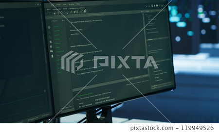 Close up of computer peripherals used by engineers coding in modern data center, monitoring security threats. PC monitors used by server room employees ensuring compliance with regulations Close up of computer peripherals used by engineers coding in modern data center, monitoring security threats. PC monitors used by server room employees ensuring compliance with regulations 119949526