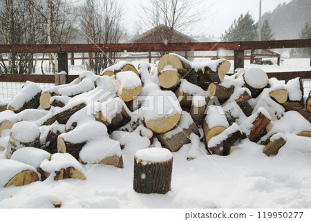 Firewood pile covered with snow, preparing firewood for winter. 119950277