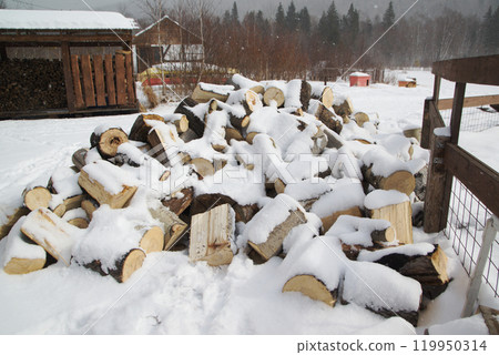 Firewood pile covered with snow, preparing firewood for winter. 119950314