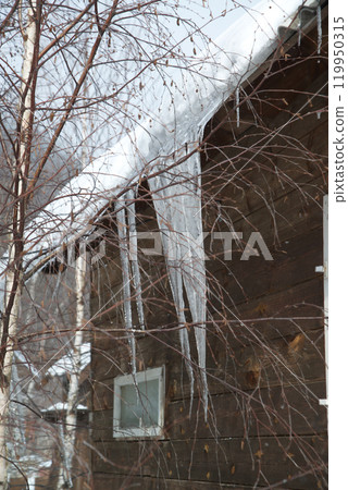 Water droplets are ice dripping from the roof of a house. Water droplets are ice dripping from the roof of a house. 119950315