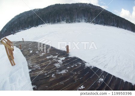Empty wooden walkway in the park a snowy day. Winter scene in Russia. Snow covered trees in the woods. Empty wooden walkway in the park a snowy day. Winter scene in Russia. Snow covered trees in the woods. 119950396