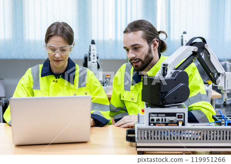 Male and female using tablet staff engineer with robot for education at class room. Education for future robotics learning innovation. Workshop maintenance technical. 119951266