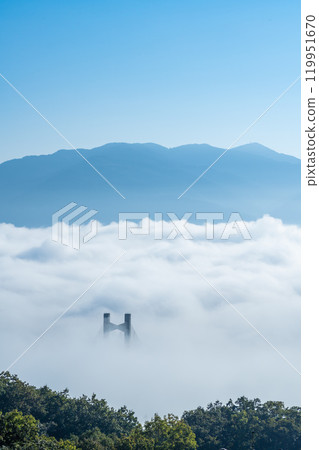 Scenery of Chichibu Park Bridge with a sea of clouds hanging over it on a clear, early morning 119951670