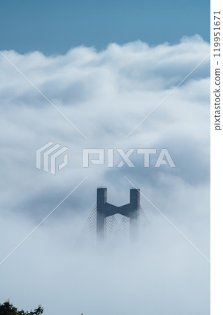 Scenery of Chichibu Park Bridge with a sea of clouds hanging over it on a clear, early morning 119951671