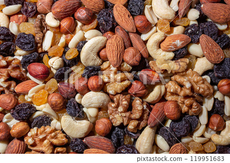 Mixed Nuts: Almonds, Walnuts, Cashews, Peanuts, Hazelnuts, Dried Prunes and Raisins 119951683