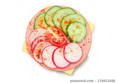 Cracker Sandwich with Fresh Cucumber, Cheese, Sausage, Radish and Tomato - Isolated 119951686