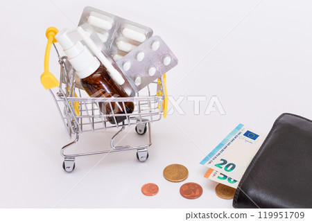 Pills and Capsules in a Shopping Cart and Black Wallet with Euro Money Pills and Capsules in a Shopping Cart and Black Wallet with Euro Money 119951709