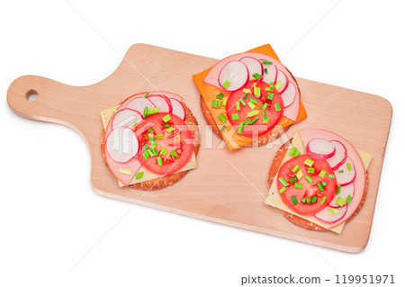 Crispy Cracker Sandwiches with Tomato, Sausage, Cheese, Green Onions and Radish - Isolated 119951971