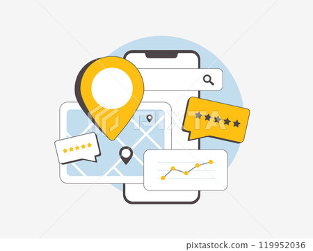 Local SEO for small businesses, featuring maps with huge pins, star ratings and customer reviews to boost visibility. Perfect for attracting nearby customers and enhancing local search rankings 119952036